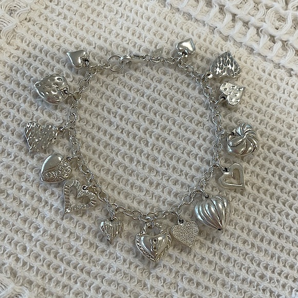 Vintage Jacmel Mauritius JCM Sterling Silver 925 Puffy Heart Charm Bracelet 7.5” - Picture 2 of 5